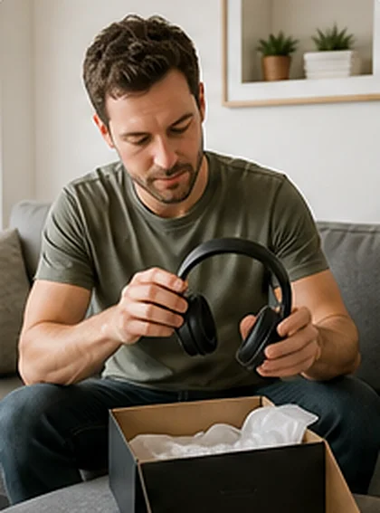 Creator unboxing a pair of headphones on a sofa, filmed as a vertical TikTok ad